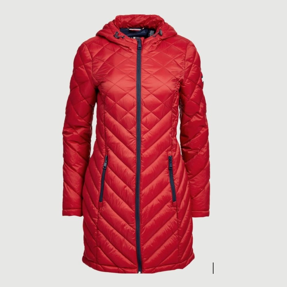 Tommy Hilfiger Women's Longline Contrast-Zip Quilted Coat in Red